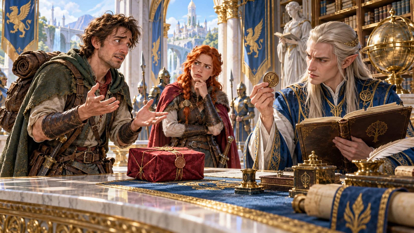 An adventurer explains a story in a royal records hall while a companion watches and an archivist examines a token beside an open ledger.