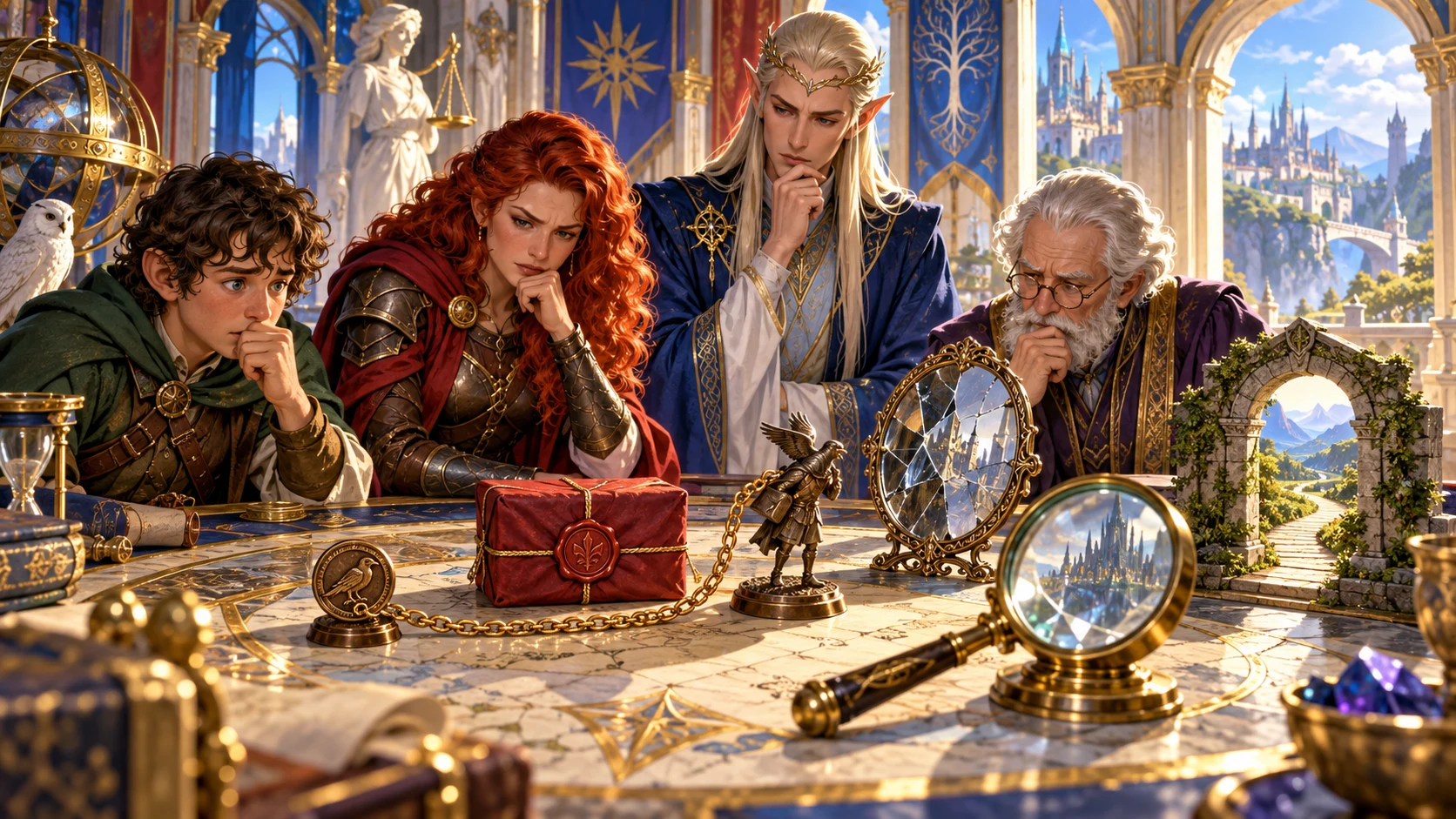 Four fantasy characters examine a sealed packet, linked tokens, a cracked mirror and a miniature open doorway on an archive table.
