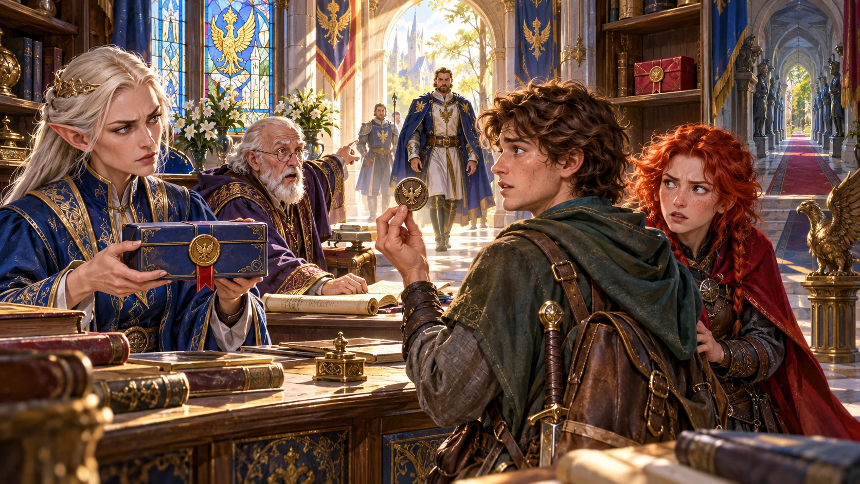 An adventurer presents a courier token as an archivist points toward an arriving official and a companion watches the exchange.
